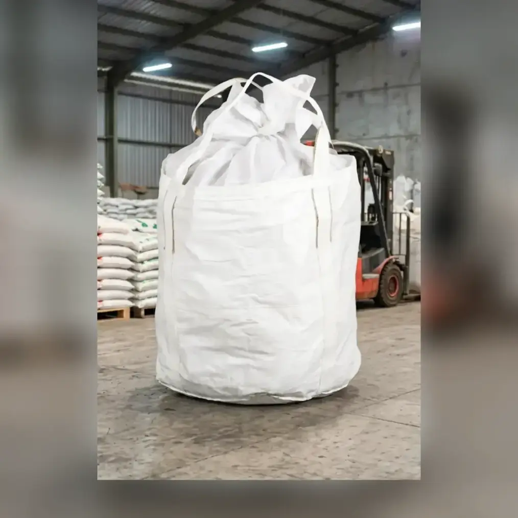 Circular bag putih berdiri terisi penuh di area gudang