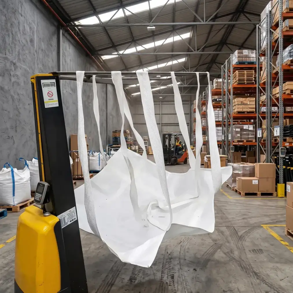 Sling bag putih tergantung pada hand stacker di dalam gudang