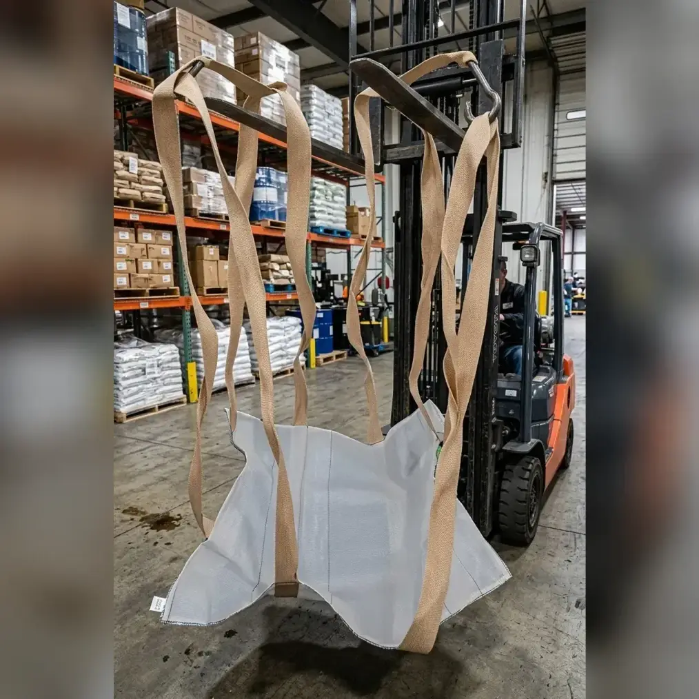 Sling bag diangkat menggunakan forklift di area penyimpanan